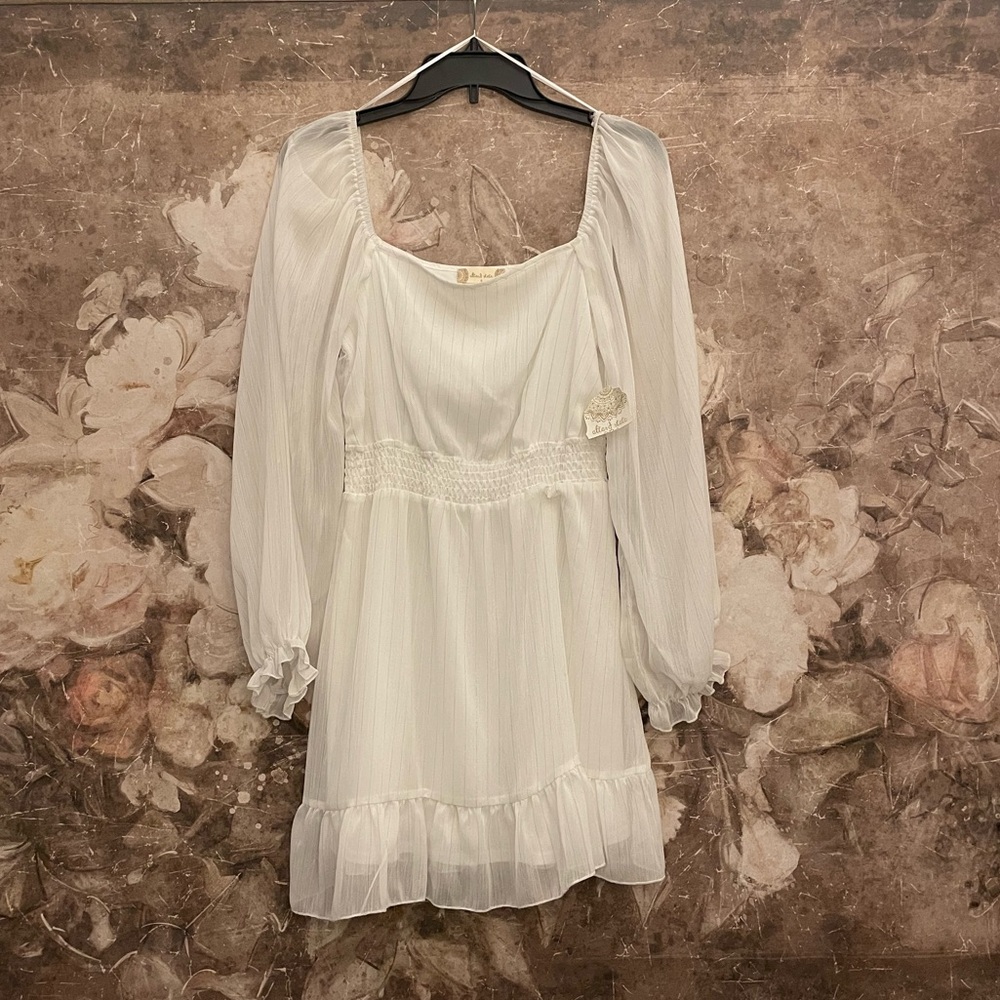 Altar’d State White Long Sleeve Smocked Waist Mini Dress | NWT | Size S